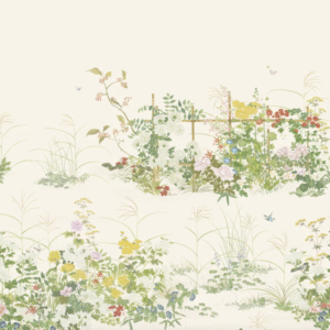 Illustratieve wandprint van Cole & Son met kleurrijke bloemen, gras en vlinders in een sierlijke tuinsetting.