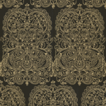 Decoratief Cole and Son Alpana behang met goudkleurig oosters patroon op een zwarte achtergrond.