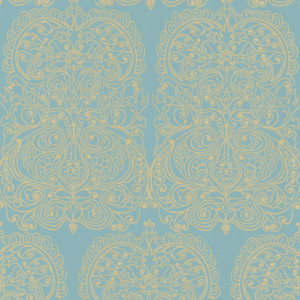 Decoratief Cole and Son Alpana behang met sierlijk goudgeel patroon op een lichtblauwe achtergrond.