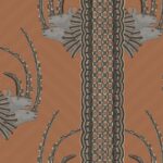 Decoratief patroon uit de Cole & Son Ardmore Jabu collectie met gestileerde antilopekoppen en geometrische motieven op een roestbruine achtergrond.