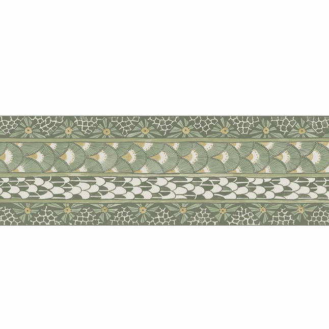 Decoratieve groene Ardmore-border van Cole and Son met symmetrische patronen van bloemen, bladeren en geometrische vormen.