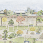 Illustratie van een Japanse tuin met bonsaibomen op tafels tegen een achtergrond van traditionele tempeldaken.