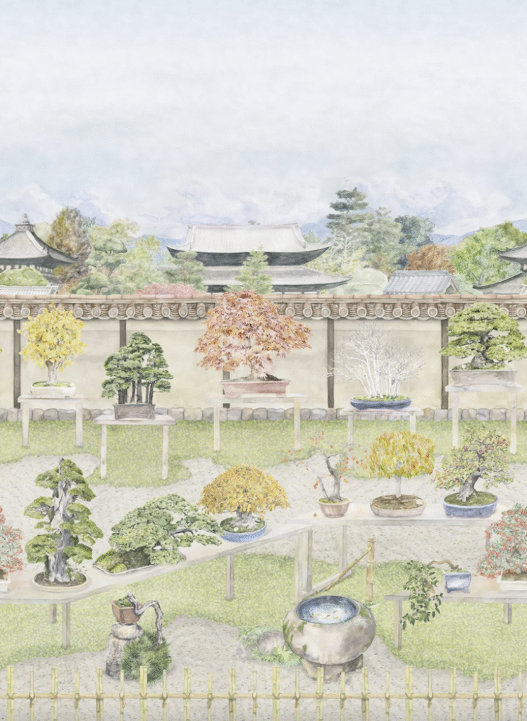 Illustratie van een Japanse tuin met bonsaibomen op tafels tegen een achtergrond van traditionele tempeldaken.