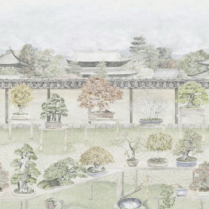Licht getekend patroon van een Japanse bonsaiboomtuin met diverse bonsaibomen en traditionele tempelgebouwen op de achtergrond.