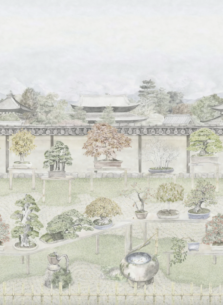 Licht getekend patroon van een Japanse bonsaiboomtuin met diverse bonsaibomen en traditionele tempelgebouwen op de achtergrond.