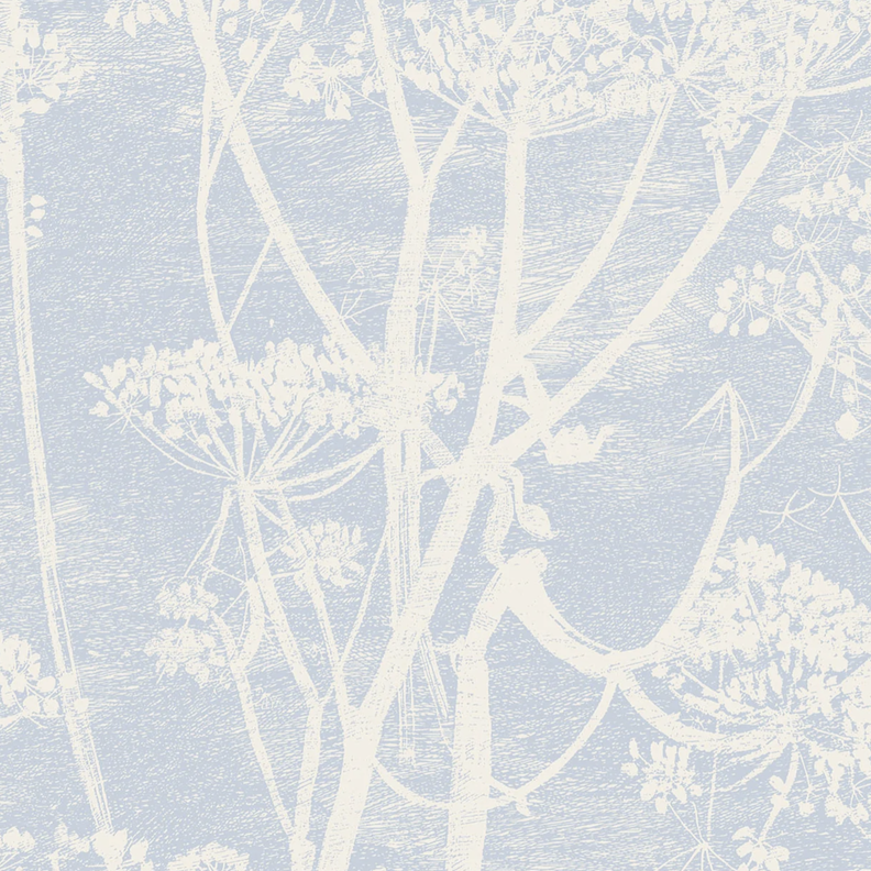 Lichtblauw behang met een wit silhouetpatroon van fluitenkruid van Cole and Son.