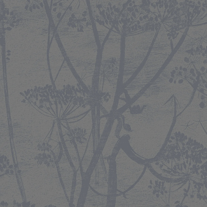 Behang met een blauw silhouetpatroon van fluitenkruid op een lichtblauwe achtergrond uit de Cole and Son Cow Parsley collectie.