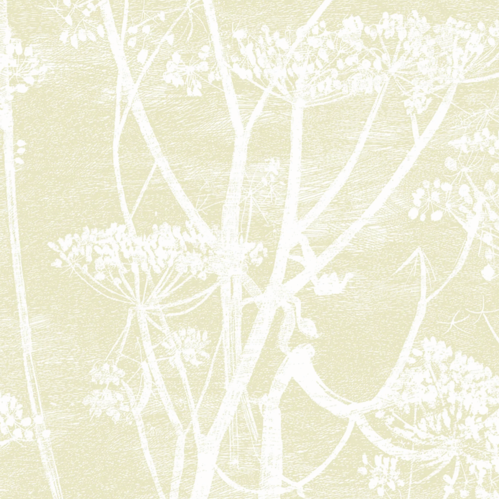 Lichtgeel behang met een wit silhouetpatroon van fluitenkruid uit de Cole and Son Cow Parsley collectie.