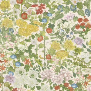 Gedetailleerd bloemenpatroon met diverse kleurrijke bloemen en groene bladeren op een lichte achtergrond, uit de Cole & Son Flora Province collectie.