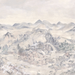 Japanse Chinoiserie-muurschildering met een bergachtig landschap, bloesembomen, traditionele gebouwen en stromend water in zachte pasteltinten.
