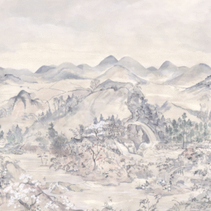 Japanse Chinoiserie-muurschildering met een bergachtig landschap, bloesembomen, traditionele gebouwen en stromend water in zachte pasteltinten.