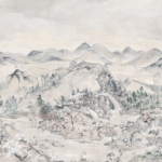 Japanse Chinoiserie-landschapsschildering met bergen, bomen, een waterval en traditionele architectuur in zachte pastelkleuren.