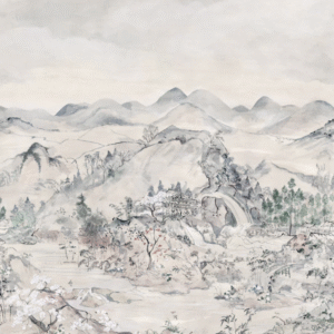 Japanse Chinoiserie-landschapsschildering met bergen, bomen, een waterval en traditionele architectuur in zachte pastelkleuren.