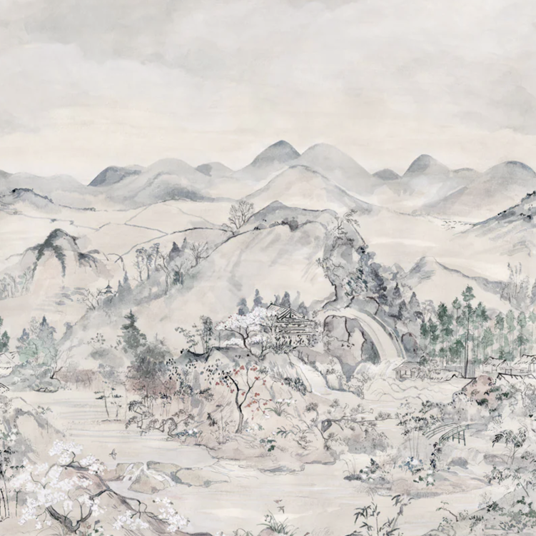 Japanse Chinoiserie-landschapsschildering met bergen, bomen, een waterval en traditionele architectuur in zachte pastelkleuren.