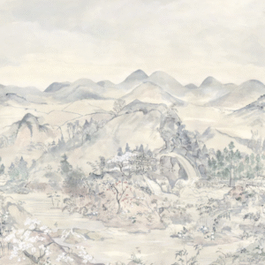 Japanse Chinoiserie-landschapsschildering met bergen, bomen, een waterval en traditionele architectuur in zachte pastelkleuren.
