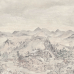 Japanse Chinoiserie-behangprint van Cole & Son met een verfijnd berglandschap in Oost-Aziatische schilderstijl.