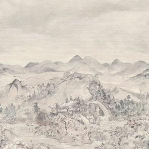 Japanse Chinoiserie-behangprint van Cole & Son met een verfijnd berglandschap in Oost-Aziatische schilderstijl.