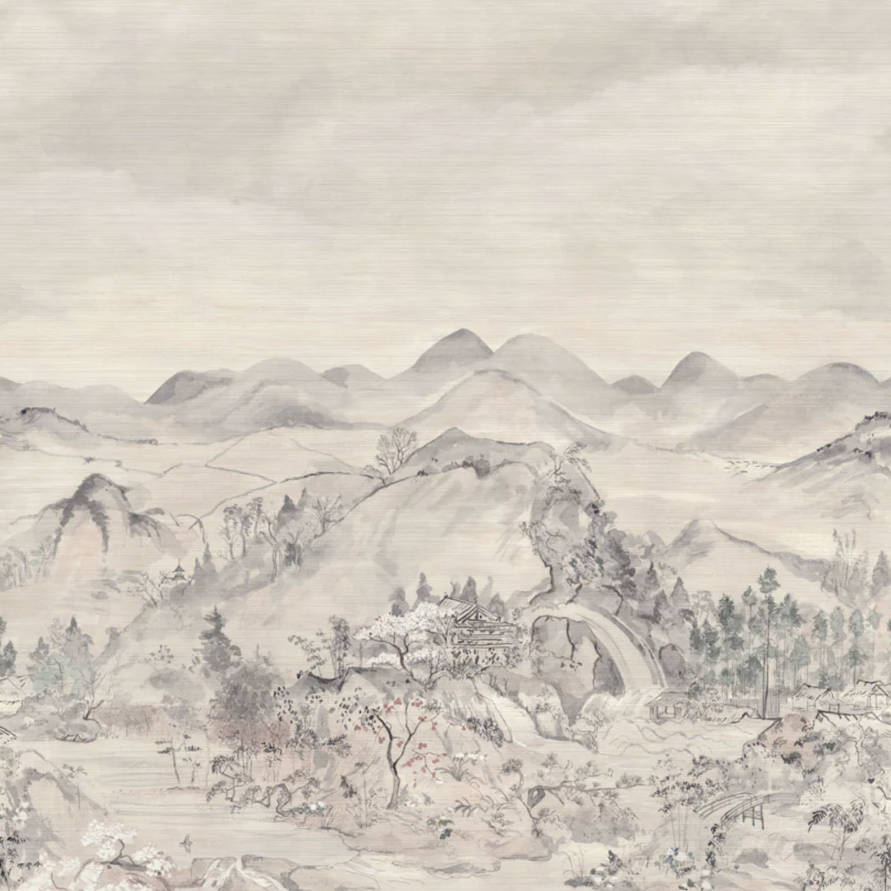Japanse Chinoiserie-behangprint van Cole & Son met een verfijnd berglandschap in Oost-Aziatische schilderstijl.