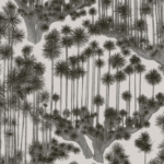 Zwart-wit patroon van hoge Japanse bomen met waaiervormige bladeren, uit het Cole and Son Japanese Woods behangontwerp.