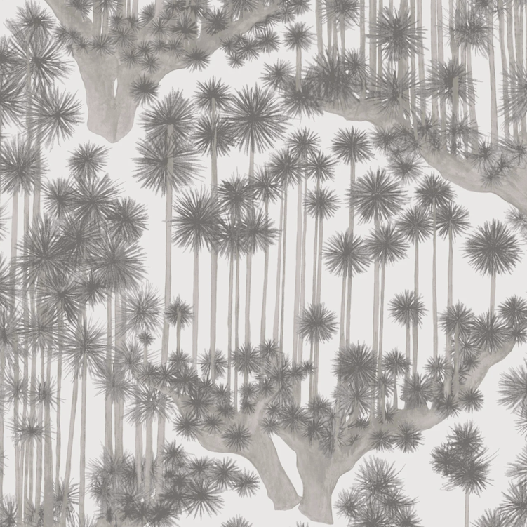 Behangpatroon van Cole and Son met gestileerde Japanse bomen in grijstinten.