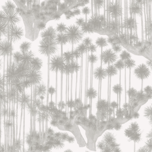 Behangpatroon met gestileerde Japanse bomen in grijstinten uit de Cole and Son Japanese Woods collectie.
