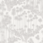 Behangsdesign met een patroon van slanke, grijze Japanse bomen op een lichte achtergrond.