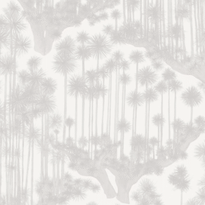 Behangsdesign met een patroon van slanke, grijze Japanse bomen op een lichte achtergrond.