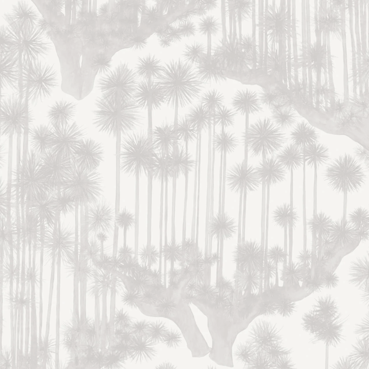 Behangsdesign met een patroon van slanke, grijze Japanse bomen op een lichte achtergrond.