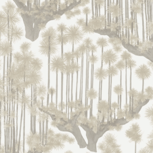 Behangpatroon van Cole and Son met gestileerde beige bomen in Japanse stijl op een lichte achtergrond.