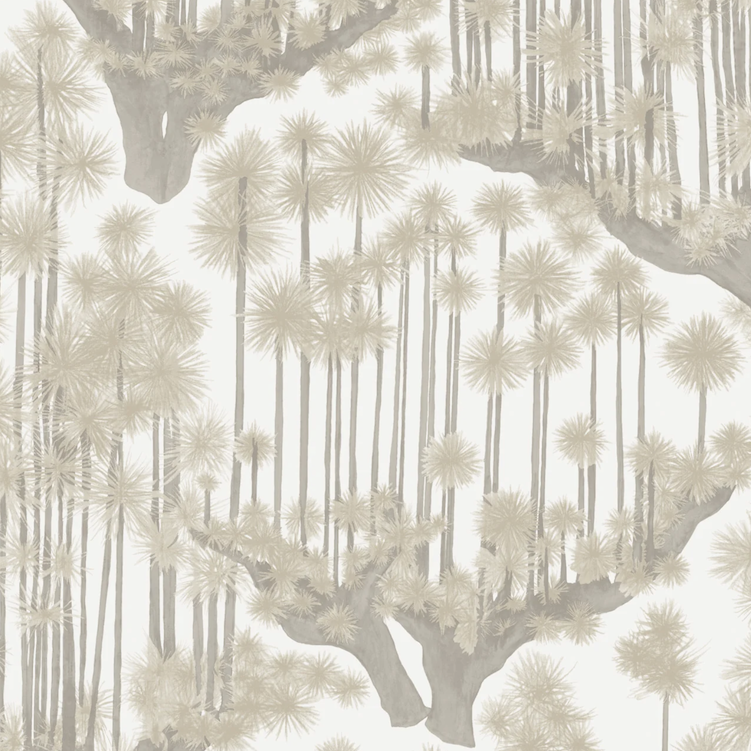 Behangpatroon van Cole and Son met gestileerde beige bomen in Japanse stijl op een lichte achtergrond.