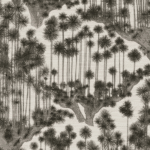 Zwart-witte illustratie van slanke bomen met waaierachtige bladeren in Japanse stijl op grasscloth-behang van Cole and Son.