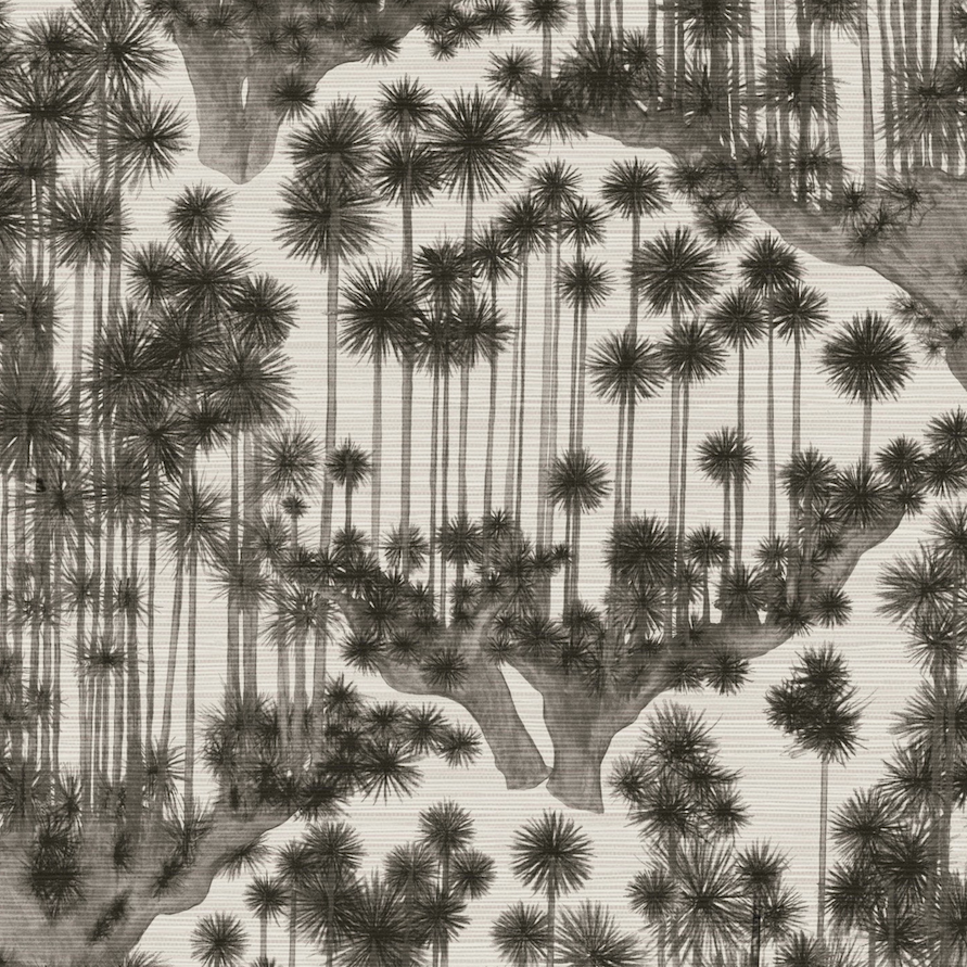 Zwart-witte illustratie van slanke bomen met waaierachtige bladeren in Japanse stijl op grasscloth-behang van Cole and Son.