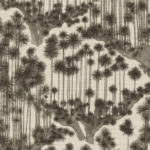 Behangpatroon van Cole & Son met gestileerde Japanse bomen op een grasscloth-achtige achtergrond.