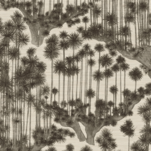 Behangpatroon van Cole & Son met gestileerde Japanse bomen op een grasscloth-achtige achtergrond.
