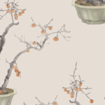 Illustratie van kaki-persimmon bonsaiboompjes met oranje vruchten in potten op een beige achtergrond.
