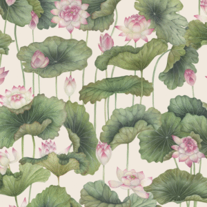 Illustratie van roze lotusbloemen en grote groene bladeren op een lichtbeige achtergrond uit het Cole and Son Lily Lotus behangontwerp.