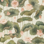 Patroon met roze lotusbloemen en grote groene bladeren op een lichte achtergrond, uit de Cole & Son Lily Lotus collectie.
