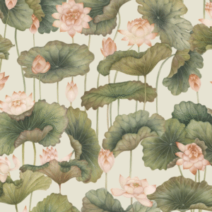 Patroon met roze lotusbloemen en grote groene bladeren op een lichte achtergrond, uit de Cole & Son Lily Lotus collectie.