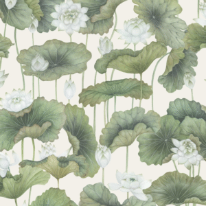 Behangpatroon met witte lotus- en leliebloemen tussen grote groene bladeren op een lichte achtergrond.