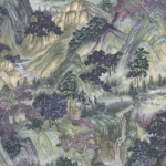 Gedetailleerd Cole & Son Mountainscape-behang met berglandschap, watervallen en kleurrijke bomen in oosterse stijl.