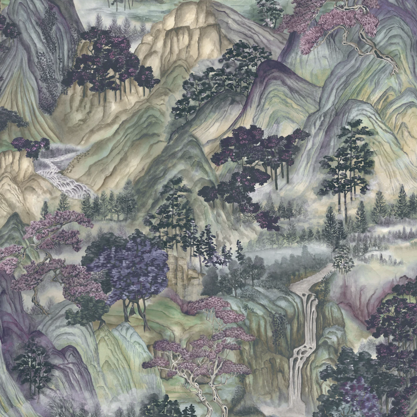Gedetailleerd Cole & Son Mountainscape-behang met berglandschap, watervallen en kleurrijke bomen in oosterse stijl.