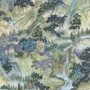 Gedetailleerd Cole and Son Mountainscape-behang met schilderachtige bergen, watervallen en kleurrijke bomen in zachte groentinten en paars.