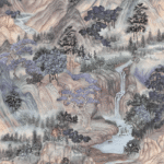 Illustratief behangontwerp van Cole and Son met een bergachtig landschap, watervallen en bomen in zachte pastel- en blauwtinten.