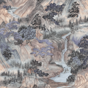 Illustratief behangontwerp van Cole and Son met een bergachtig landschap, watervallen en bomen in zachte pastel- en blauwtinten.