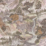 Gedetailleerd berglandschap met watervallen en bomen in zachte, schilderachtige kleuren uit het Cole and Son Mountainscape-behang.