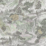 Gedetailleerde illustratie van een berglandschap met bomen, waterval en rivieren, uit het Cole and Son Mountainscape behang.