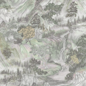 Gedetailleerde illustratie van een berglandschap met bomen, waterval en rivieren, uit het Cole and Son Mountainscape behang.