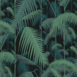 Patroon van groen palmblad op een donkere achtergrond uit de Cole and Son Palm Jungle linnenstof F1112004.