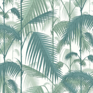 Illustratie van dicht op elkaar staande palmbladeren in blauwgroene tinten, afkomstig uit het Palm Jungle patroon van Cole and Son.