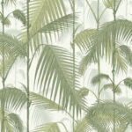 Illustratie van het Cole and Son Palm Jungle patroon met overlappende groene palmbladeren op een lichte achtergrond.